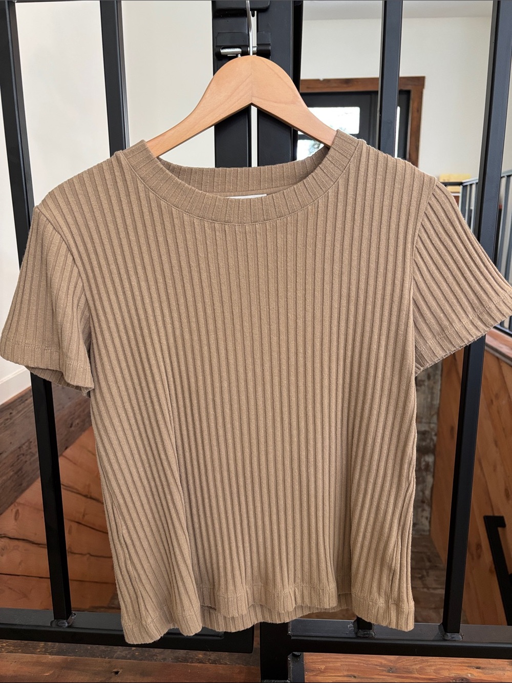 Vince Ribbed Crewneck Top - Beige Camel